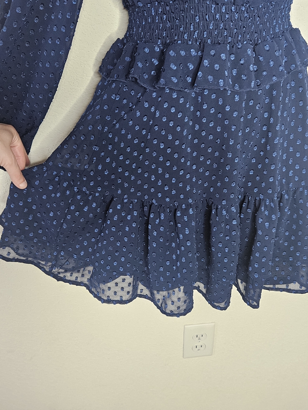 Altar'd State One-Shoulder Navy Swiss Polka Dot Ruffle Tiered Mini Dress Preppy - Picture 5 of 9